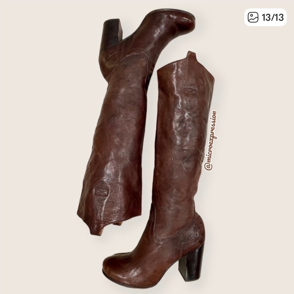 ⛔️SOLD⛔️ $389 Frye Carson Pull Tab Brown Leather Cowboy Knee-High Tall Boho Boot